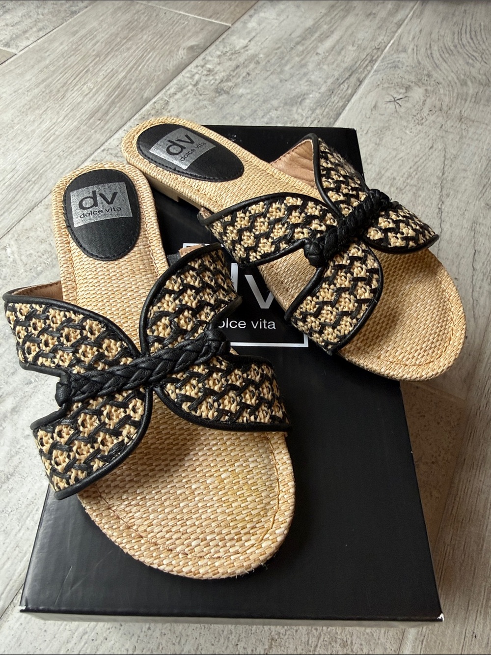 Dolce Vita Black and Natural Woven Bow Slide Sandals